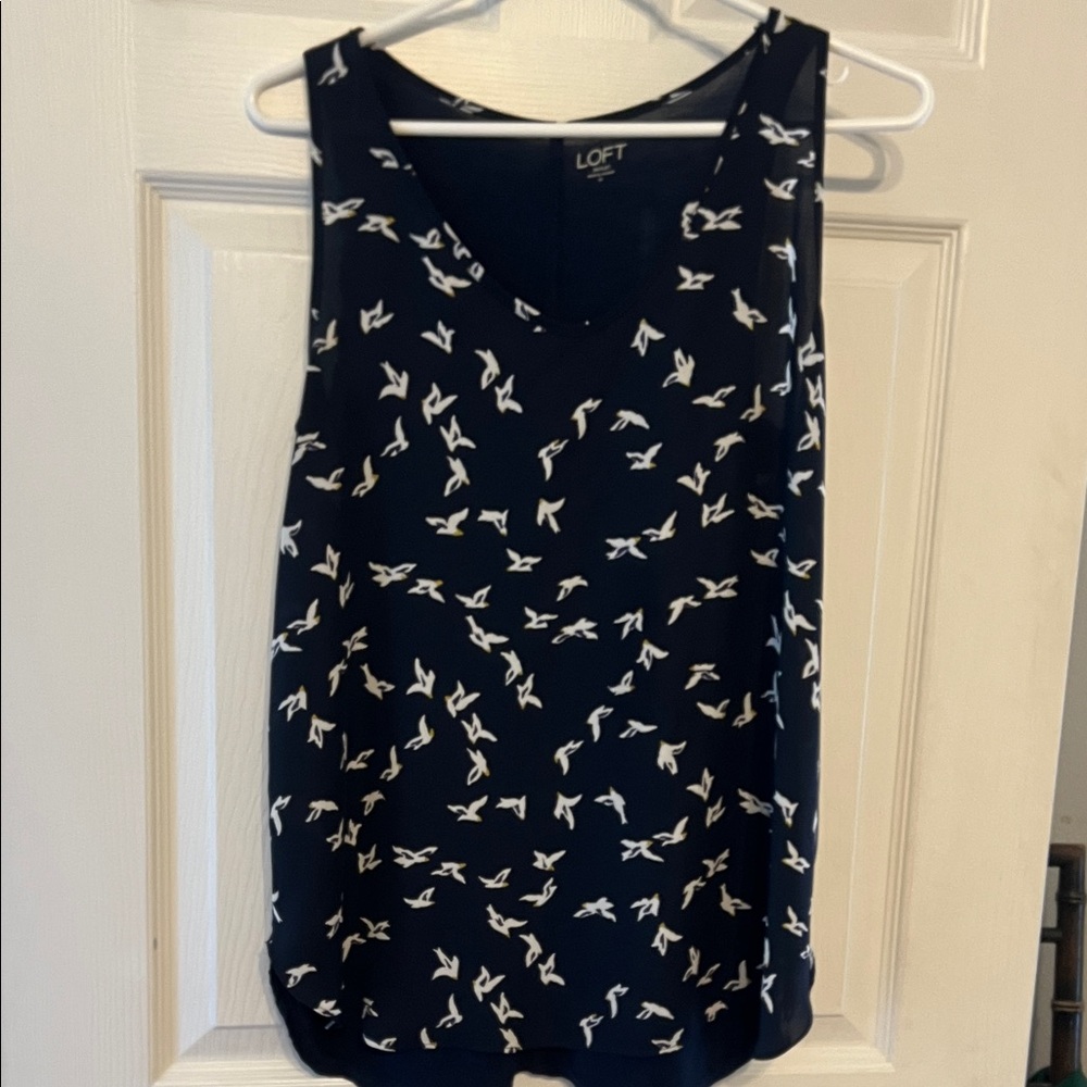 LOFT Dark Blue Tank Top with White Bird Pattern